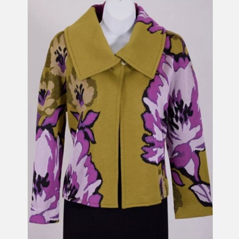 St. John Wool Blend Knit Floral Jacket in Olive Green/Multi Magenta Pink Size 10